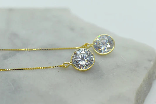 14k Yellow Gold Box Chain Threader Earrings 8mm (2ct) Colorless Cubic Zirconia