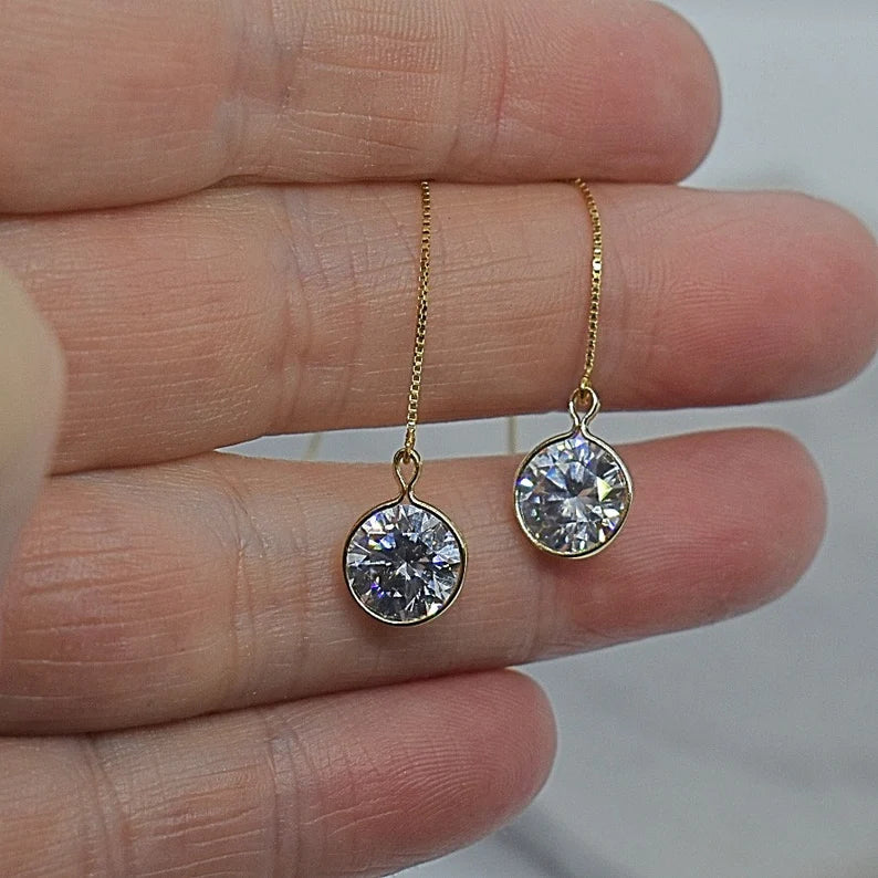 14k Yellow Gold Box Chain Threader Earrings 8mm (2ct) Colorless Cubic Zirconia