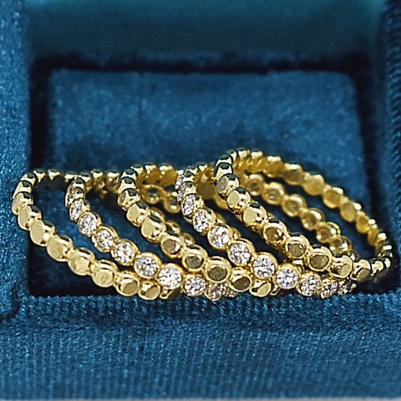 Diamond Beaded Stack Set 14k Gold Made to Order Handcrafted Ring Eternity Bands