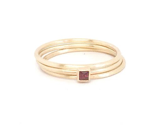 Princess Cut Square Red Garnet and Gold Ring and Two 14k Gold Stackable Spacer Bands in Matte Finish