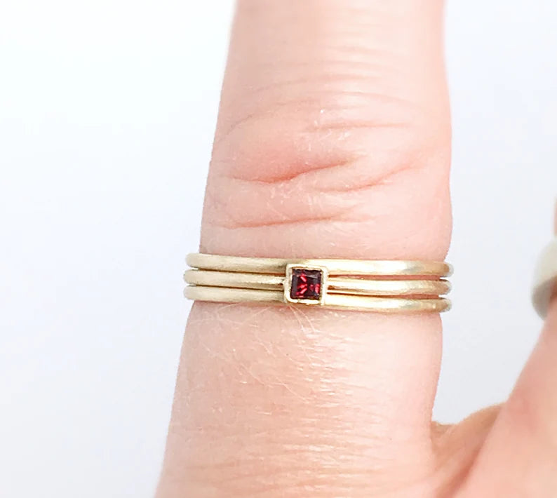 Princess Cut Square Red Garnet and Gold Ring and Two 14k Gold Stackable Spacer Bands in Matte Finish