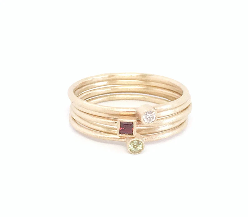 Princess Cut Square Red Garnet and Gold Ring and Two 14k Gold Stackable Spacer Bands in Matte Finish