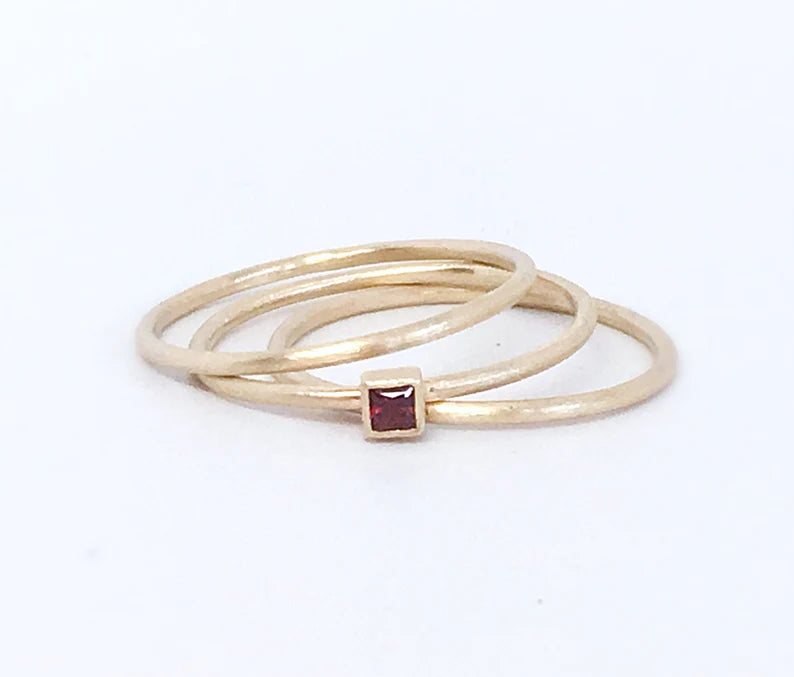 Princess Cut Square Red Garnet and Gold Ring and Two 14k Gold Stackable Spacer Bands in Matte Finish