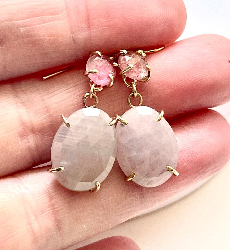 Large luscious grey moonstone claw set earrings with pink watermelon tourmaline 14k gold filled. Ready to ship