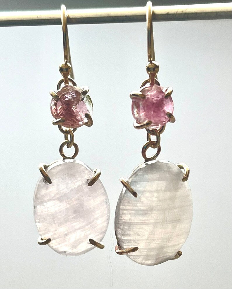 Large luscious grey moonstone claw set earrings with pink watermelon tourmaline 14k gold filled. Ready to ship