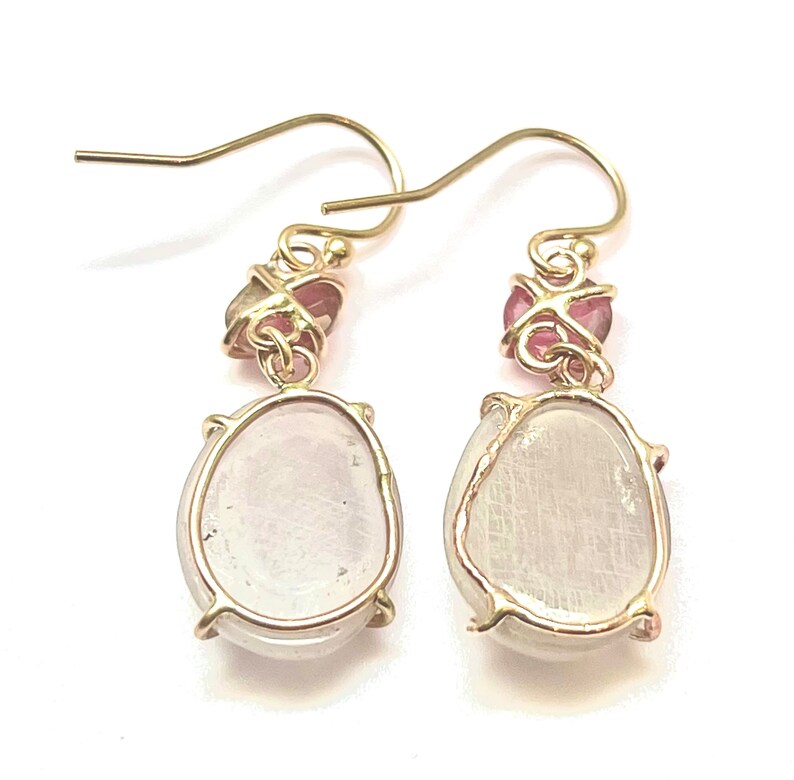 Large luscious grey moonstone claw set earrings with pink watermelon tourmaline 14k gold filled. Ready to ship