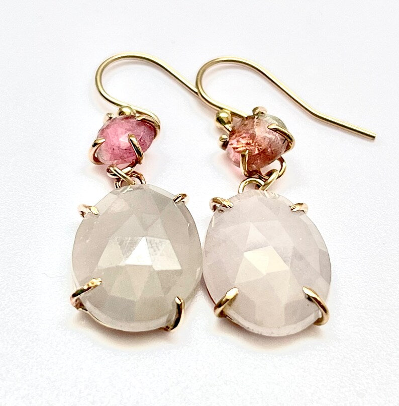 Large luscious grey moonstone claw set earrings with pink watermelon tourmaline 14k gold filled. Ready to ship