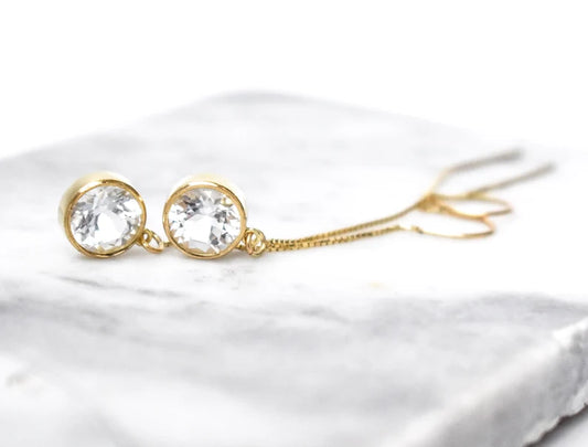 Yellow Gold 18k Threader Earrings 2 carat White Topaz