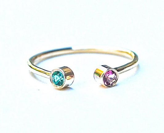 Ring open cuff gemstone ring Mother's Birthstone Ring 14k white, yellow or rose gold-emerald green May - pink tourmaline October