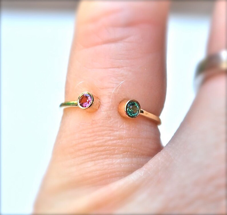 Ring open cuff gemstone ring Mother's Birthstone Ring 14k white, yellow or rose gold-emerald green May - pink tourmaline October