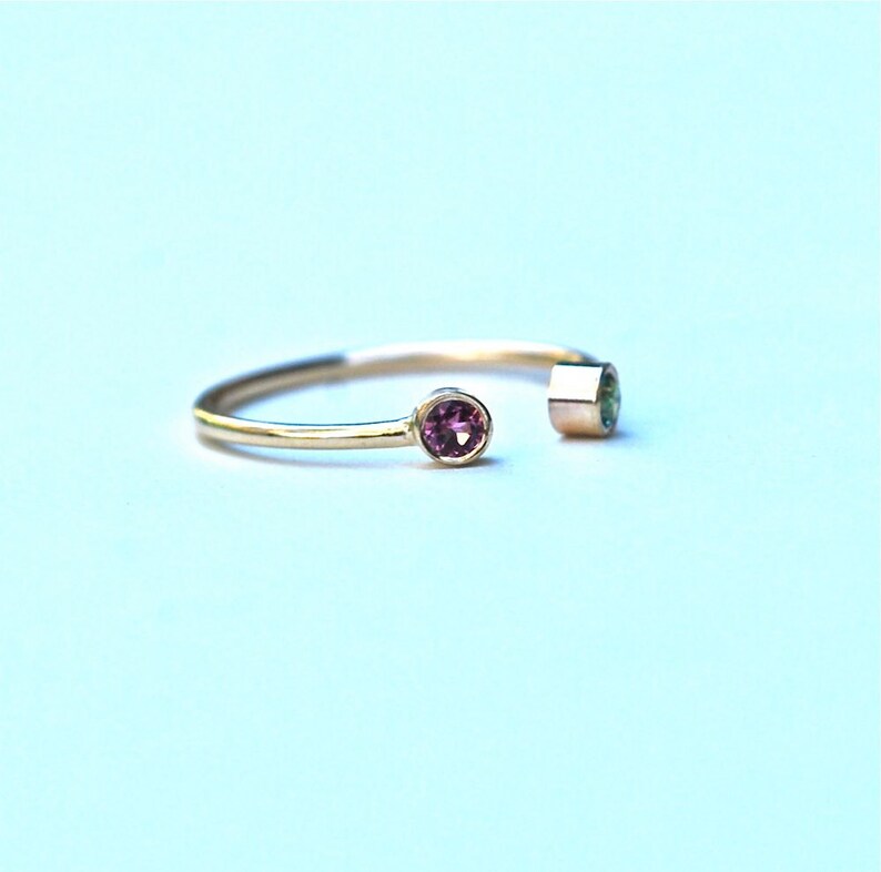 Ring open cuff gemstone ring Mother's Birthstone Ring 14k white, yellow or rose gold-emerald green May - pink tourmaline October