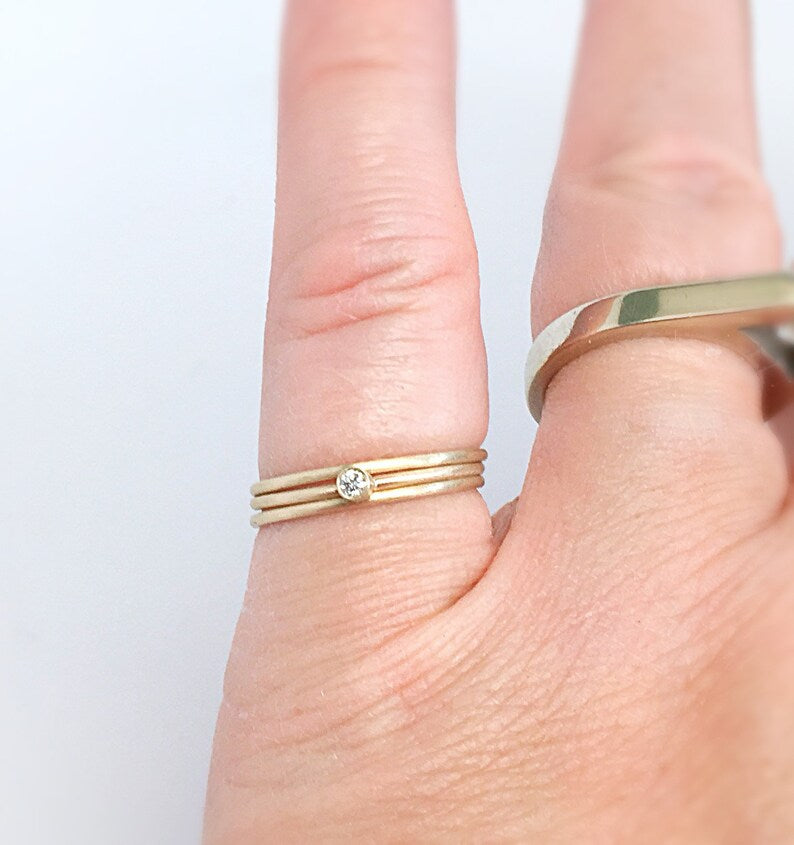 White Diamond and Gold Ring and Two 14k Gold Stackable Spacer Bands in Matte Finish