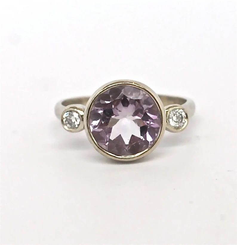 Three Stone Diamond Ring Pink Amethyst 14k White Gold Engagement Ring Huge Statement Ring