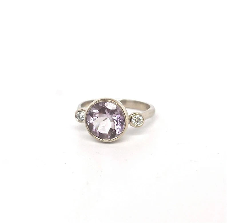 Three Stone Diamond Ring Pink Amethyst 14k White Gold Engagement Ring Huge Statement Ring