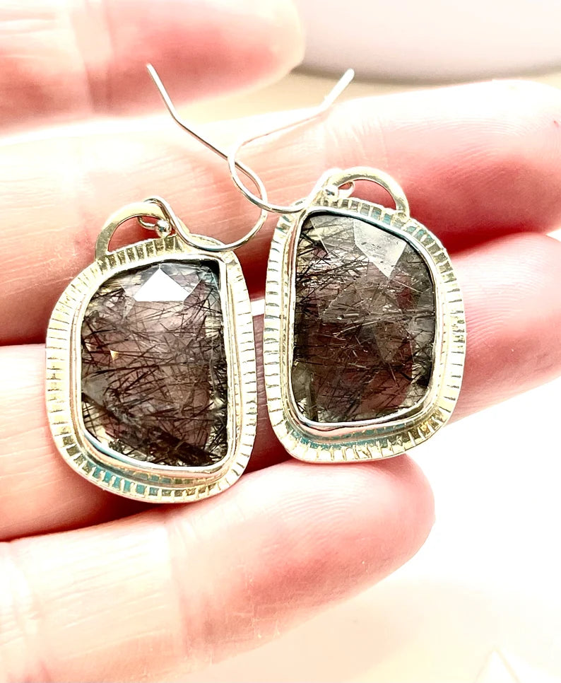 Big Silver Earrings For Sale Large Gemstone Black Rutile Quartz Earrings Sterling Silver Tourmalinated Quartz Drop Earrings Handmade Gift