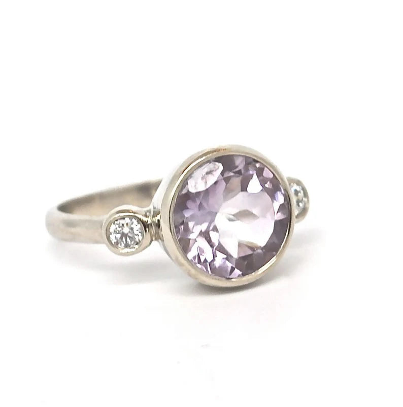 Three Stone Diamond Ring Pink Amethyst 14k White Gold Engagement Ring Huge Statement Ring