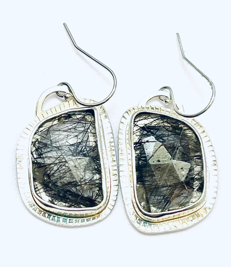 Big Silver Earrings For Sale Large Gemstone Black Rutile Quartz Earrings Sterling Silver Tourmalinated Quartz Drop Earrings Handmade Gift