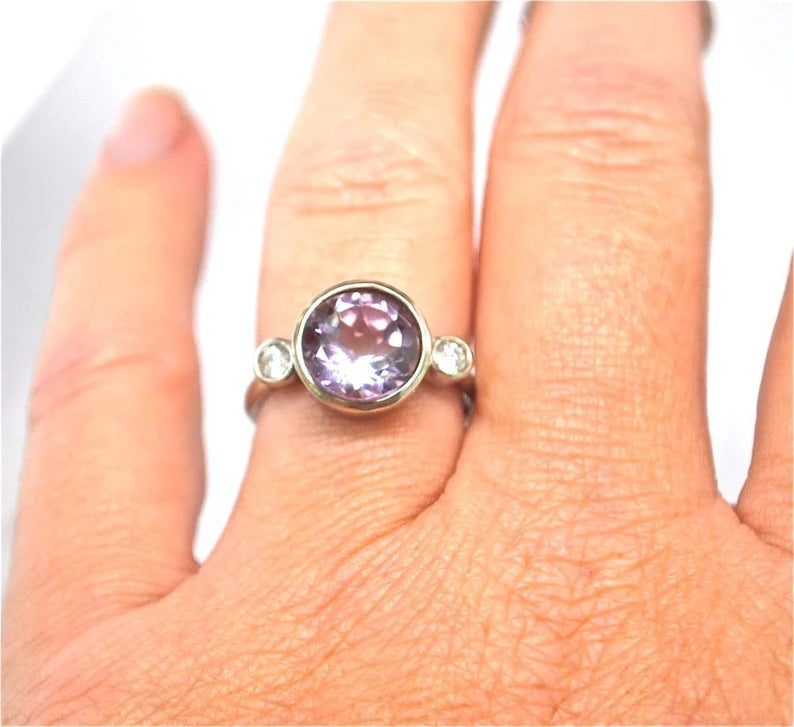 Three Stone Diamond Ring Pink Amethyst 14k White Gold Engagement Ring Huge Statement Ring