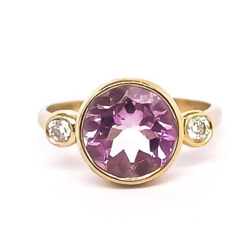 Three Stone Diamond Ring Pink Amethyst 14k White Gold Engagement Ring Huge Statement Ring