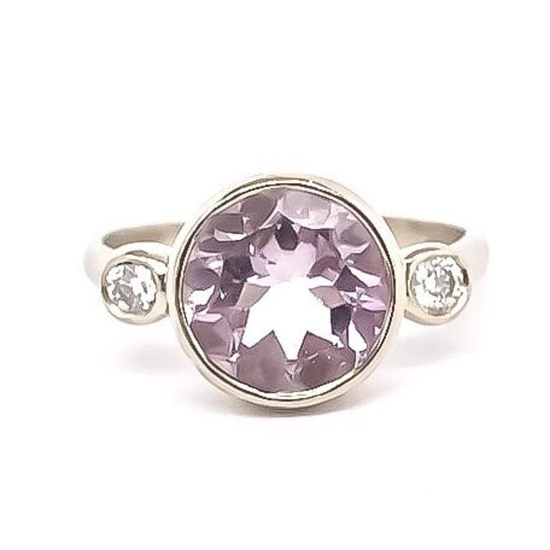 Three Stone Diamond Ring Pink Amethyst 14k White Gold Engagement Ring Huge Statement Ring