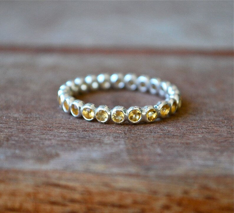 Yellow Citrine Eternity Band Stack Band Birthstone Citrine Gemstone Eternity Stacking Ring Recycled Sterling Silver