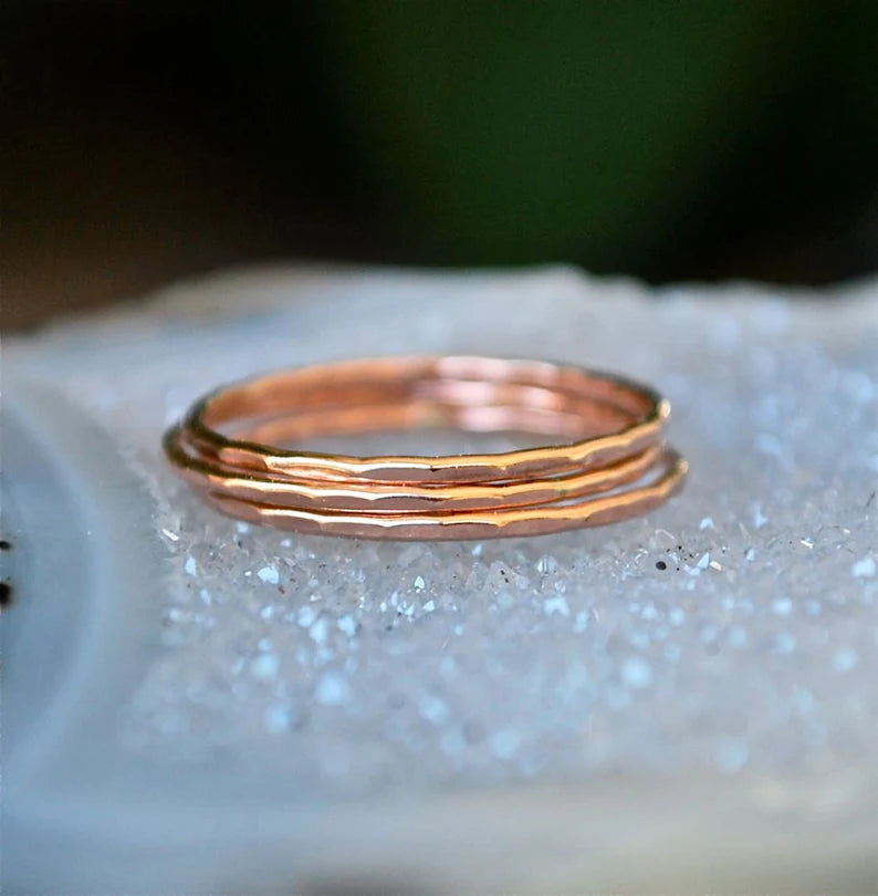 Hammer Forged Delicate Stack Rings - Rose, yellow, white gold band - 6 10k Gold Rings - The Skinny Stack - Recycled Gold