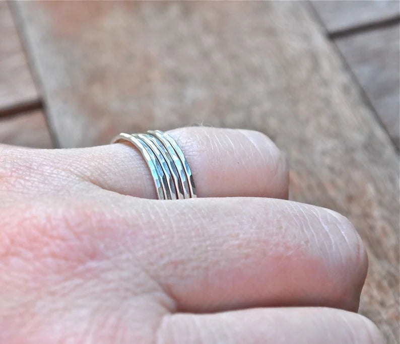 Hammer Forged Delicate Stack Rings - Rose, yellow, white gold band - 6 10k Gold Rings - The Skinny Stack - Recycled Gold