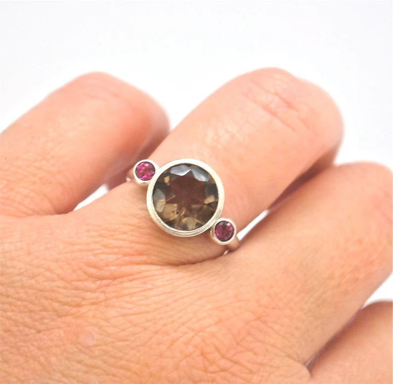 Smoky Quartz Ring, Smokey Quartz Ring, Garnet Statement, Smoky Citrine Jewelry, Garnet Ring, Large Statement Ring , Large Cocktail Ring