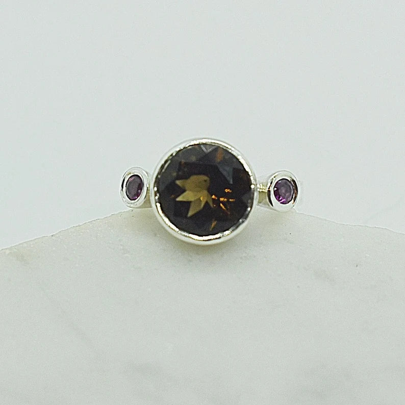 Smoky Quartz Ring, Smokey Quartz Ring, Garnet Statement, Smoky Citrine Jewelry, Garnet Ring, Large Statement Ring , Large Cocktail Ring