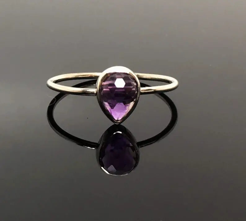 Purple Amethyst Rose Cut Pear Gemstone in 14k Rose, White or Yellow Gold