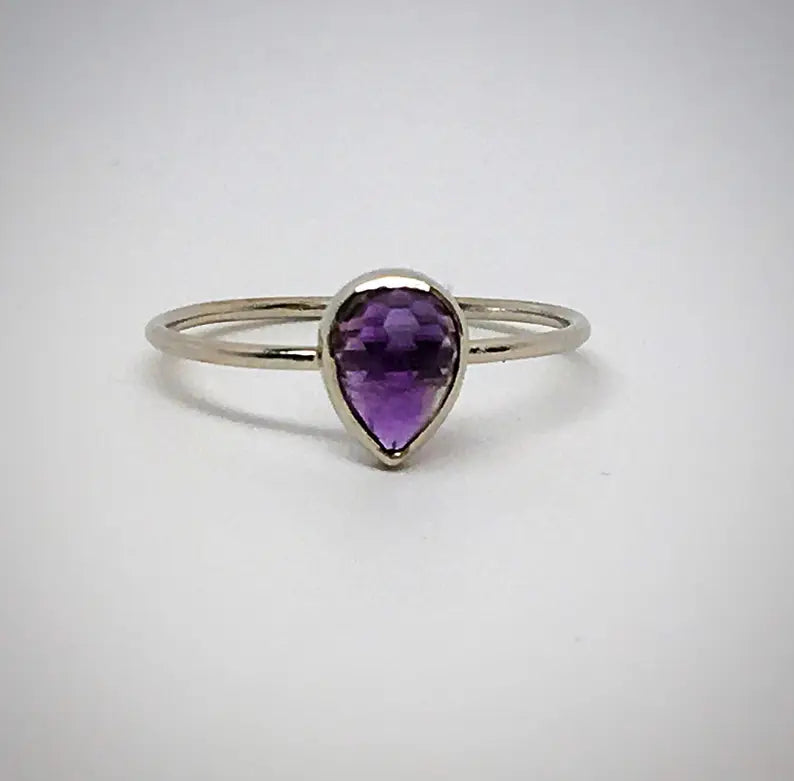 Purple Amethyst Rose Cut Pear Gemstone in 14k Rose, White or Yellow Gold