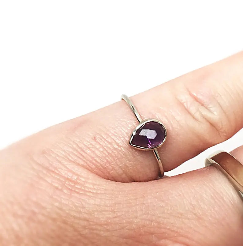 Purple Amethyst Rose Cut Pear Gemstone in 14k Rose, White or Yellow Gold