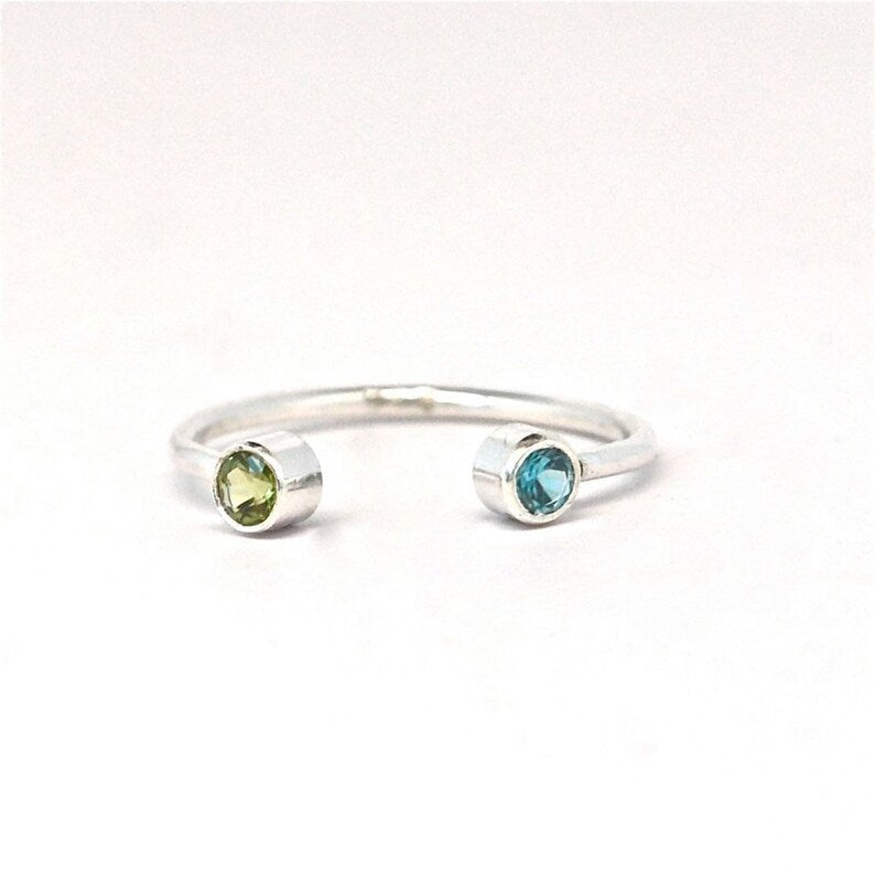 Ring open cuff gemstone ring Mother's Birthstone Ring Gold or Sterling Silver December Blue Zircon August Green Peridot