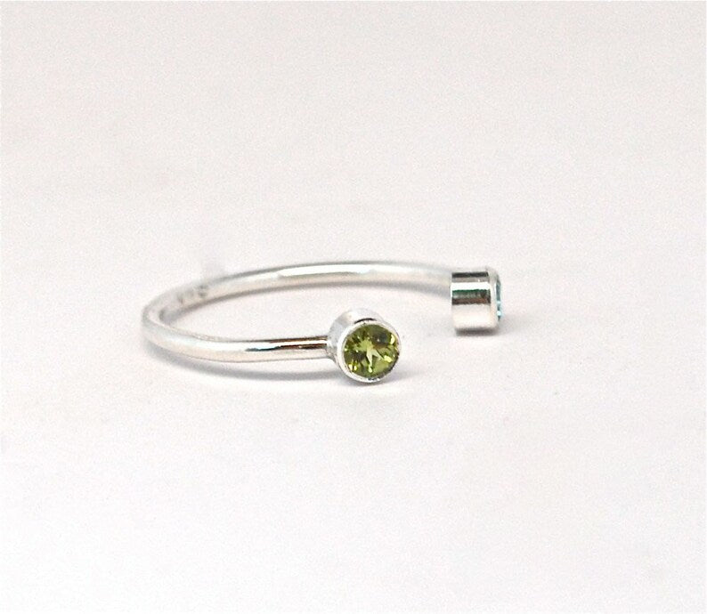 Ring open cuff gemstone ring Mother's Birthstone Ring Gold or Sterling Silver December Blue Zircon August Green Peridot