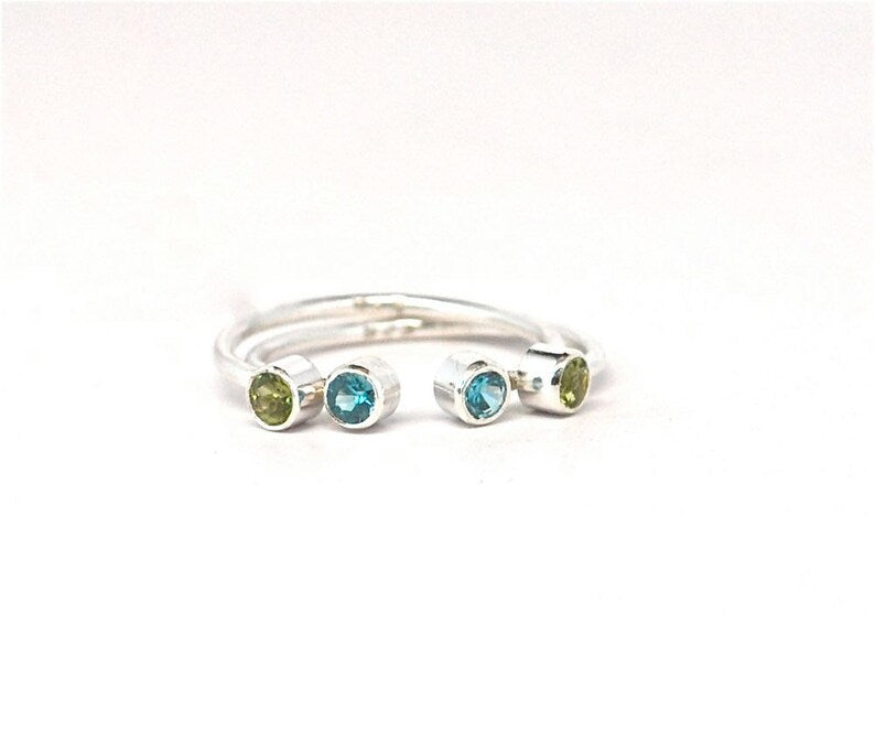 Ring open cuff gemstone ring Mother's Birthstone Ring Gold or Sterling Silver December Blue Zircon August Green Peridot