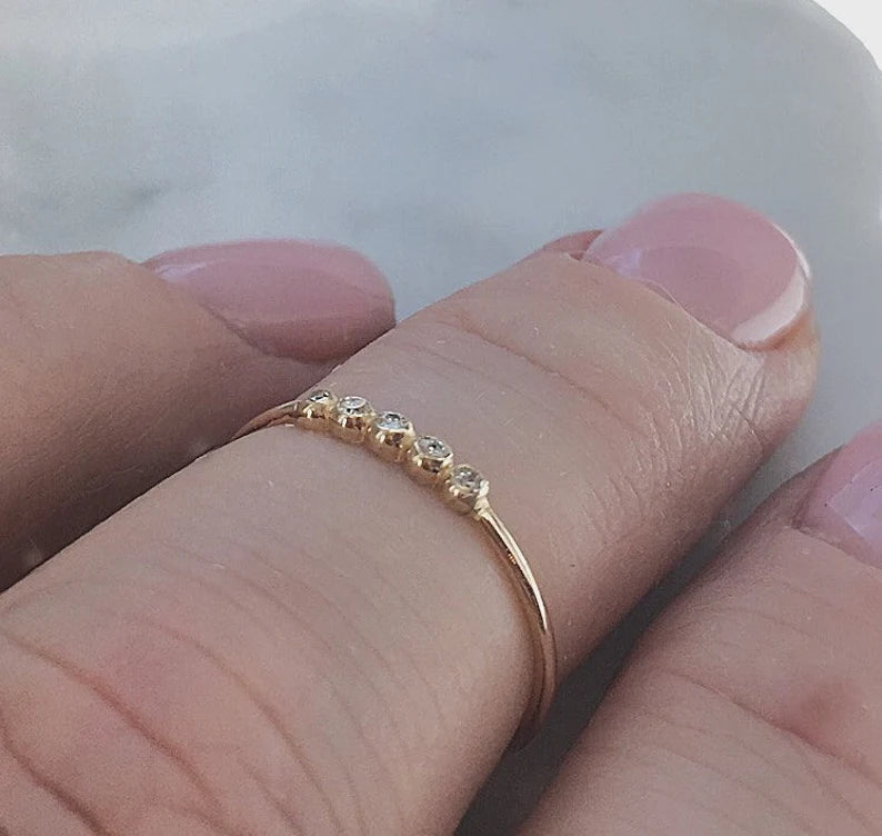 Five Diamond Linear Gold Stack Ring Made to Order in 14k White, Yellow or Rose Gold