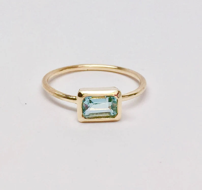 Blue Emerald Cut Aquamarine 14k Gold Ring Made to Order March Birthstone