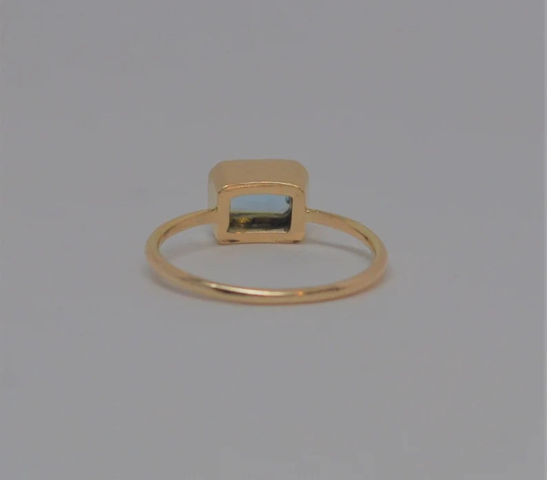 Blue Emerald Cut Aquamarine 14k Gold Ring Made to Order March Birthstone