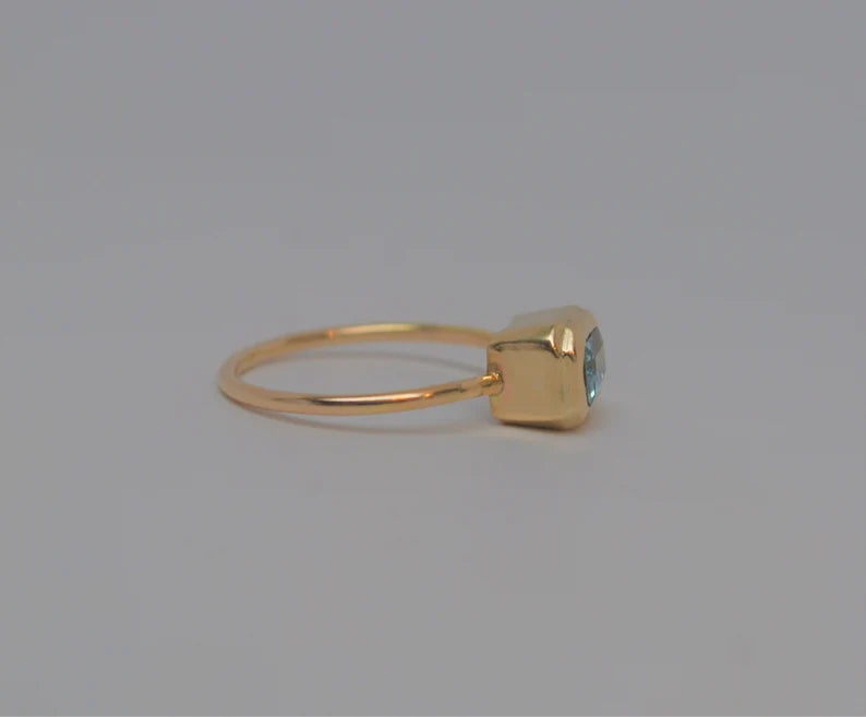 Blue Emerald Cut Aquamarine 14k Gold Ring Made to Order March Birthstone