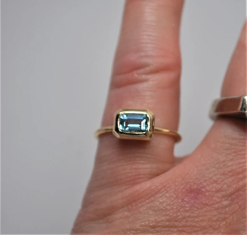 Blue Emerald Cut Aquamarine 14k Gold Ring Made to Order March Birthstone