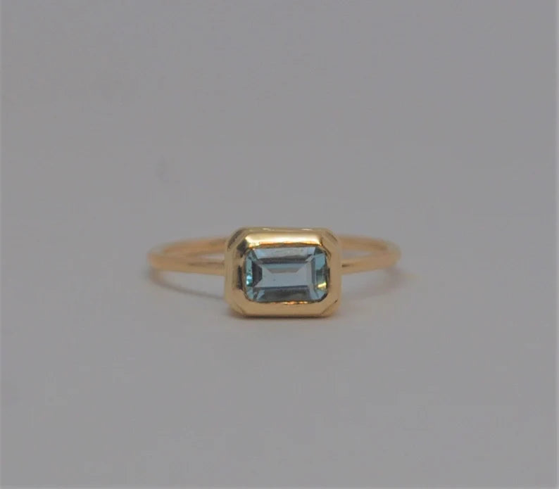 Blue Emerald Cut Aquamarine 14k Gold Ring Made to Order March Birthstone