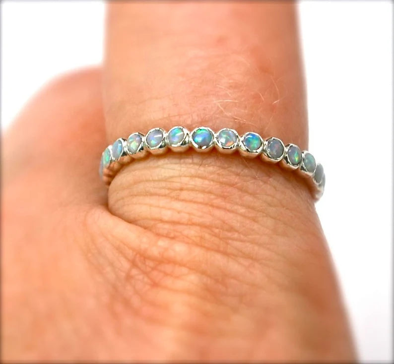 Opal Ring Gold, Birthstone Stack Ring, Opal Eternity Band - Eternity Stacking Ring - October Birthstone -Stackable Recycled 14k Gold Ring