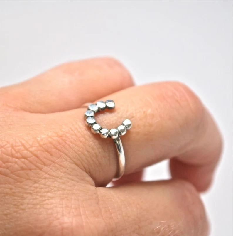 Lucky Ring 925 Sterling Silver Horseshoe Equestrian Bubble Ring Sterling Silver or 14k White, Rose or Yellow Gold Lucky 10