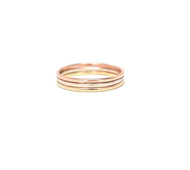 Mixed Metals Hammer Faceted Forged Stack Ring Set Triple Gold Band 14k Rose Gold, White Gold and Yellow Gold Solid 14K Rings