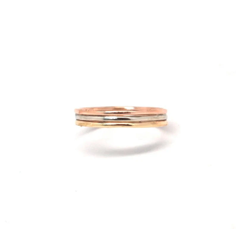 Mixed Metals Hammer Faceted Forged Stack Ring Set Triple Gold Band 14k Rose Gold, White Gold and Yellow Gold Solid 14K Rings