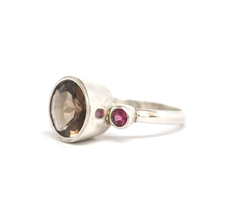 Huge Smoky Quartz and Rhodolite Garnet Silver Ring Multi Gemstone Ring