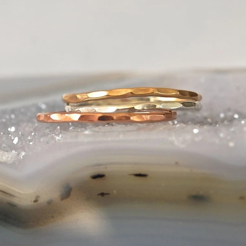 Hammered Shiny Faceted Rose Gold Filled Stacking Rings - The Skinny Stack Recycled Metal Rings