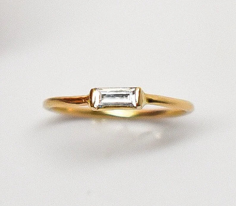 Gold and Baguette Diamond Ring White Sapphire Stacking Ring Engagement Ring Diamond Promise Ring April September Birthstones