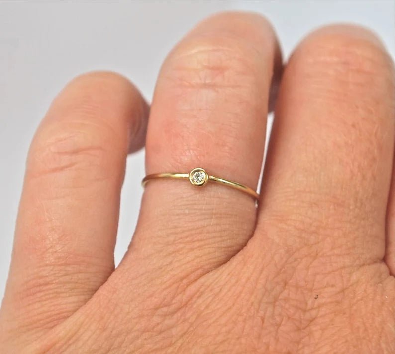 Thin Gold Diamond Ring Stack Ring Diamond Pinky Ring Tiny Diamond Stack Ring in 14k Gold-Promise Ring-Engagement Ring-Birthstone Stack Ring